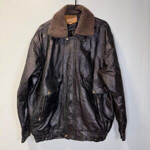 Leather Works VTG Patchwork Leather Bomber Jacket Black Faux Shearling Collar XL